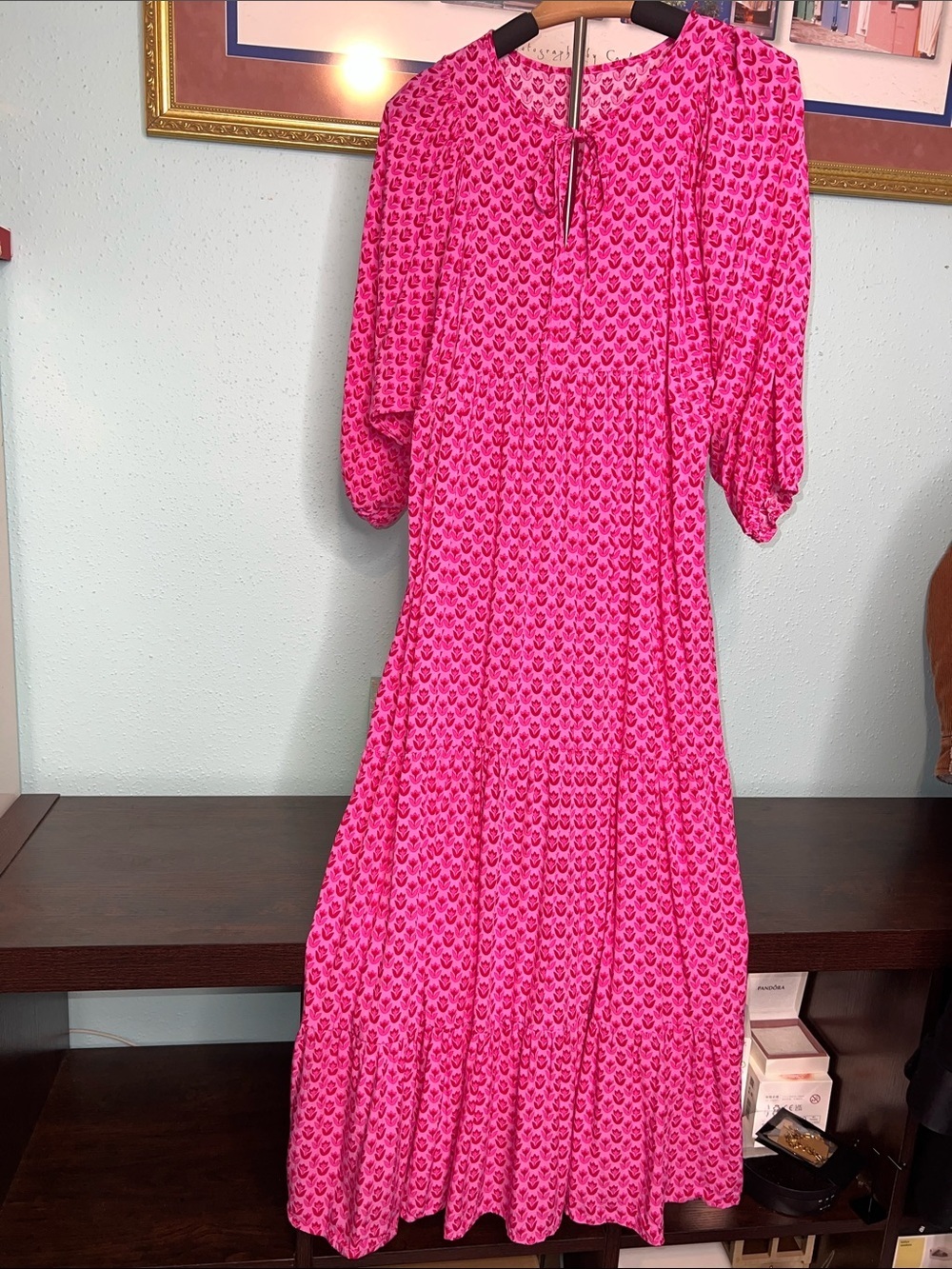 Bright Pink Patterned Maxi Dress with Puff Sleeves